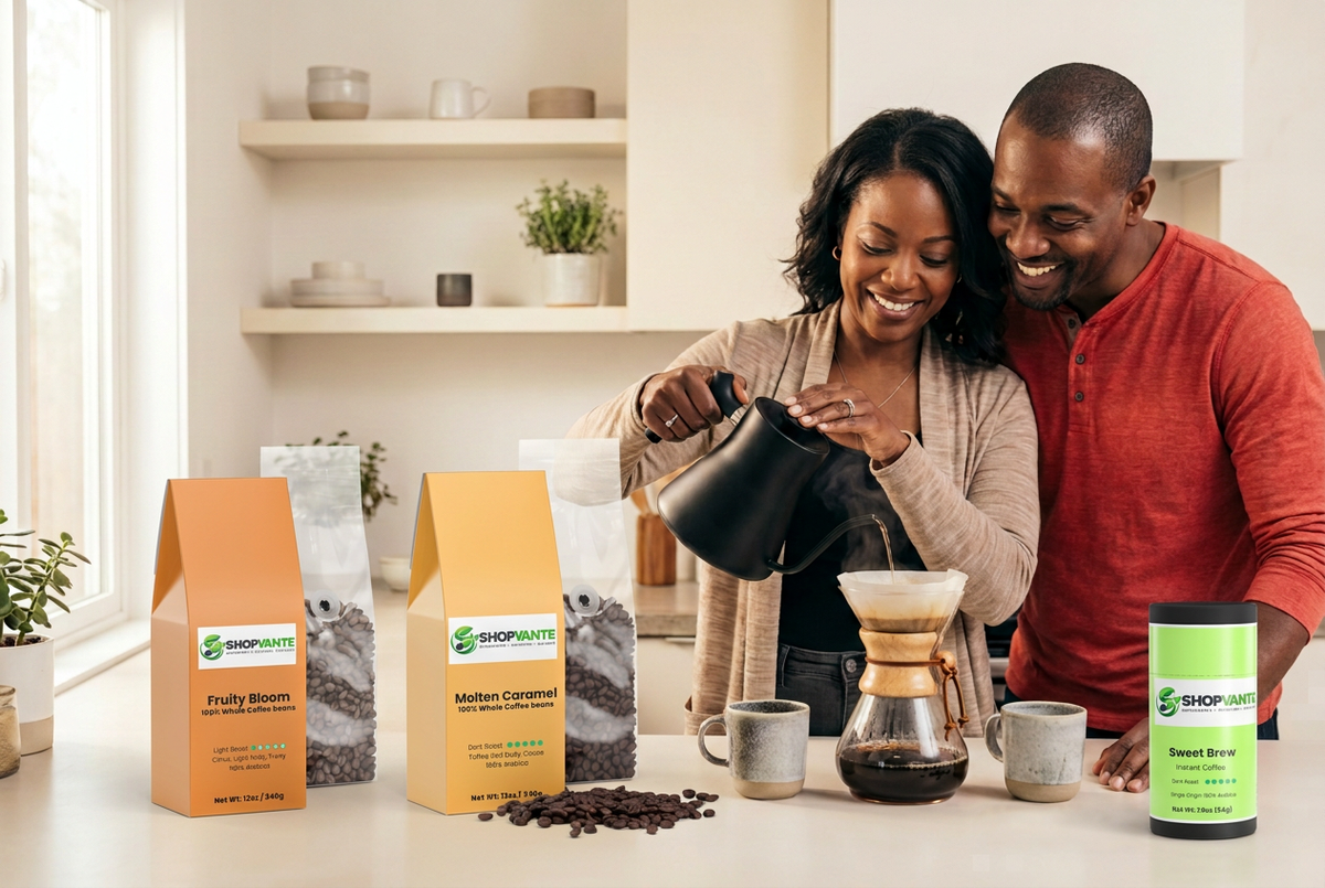 Coffee lifestyle banner with Shopvante Molten Caramel, Sweet Brew, and Fruity Bloom products