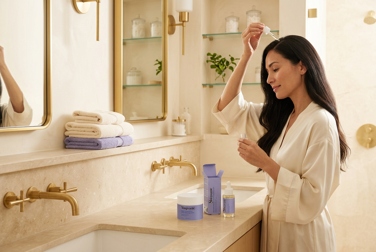 Revised Shopvante hair-care banner with a continuous bathroom background